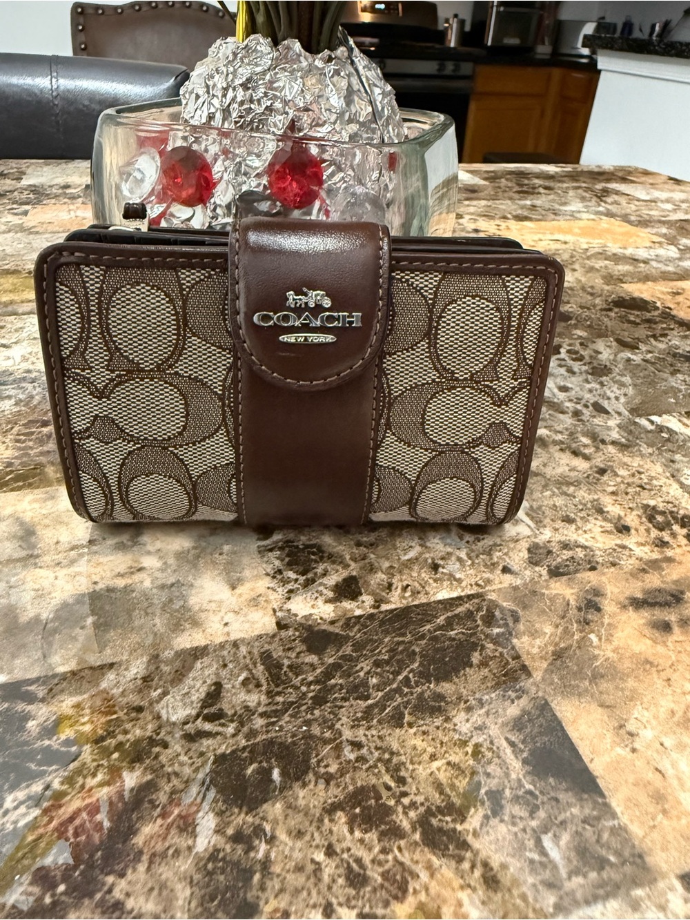 COACH Brown Signature Canvas Bifold Wallet with Leather Trim